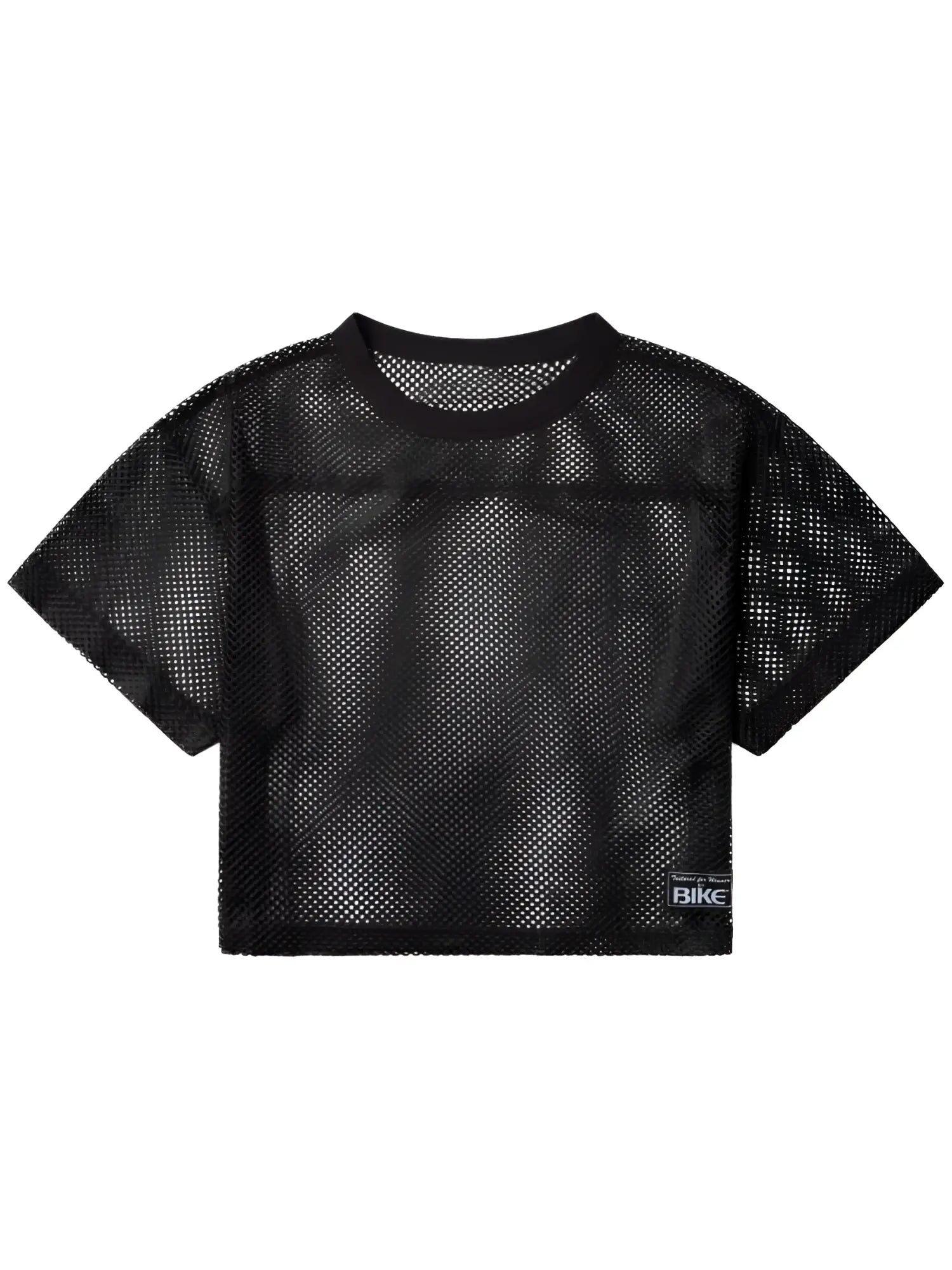 Black mesh crop top with a solid black ribbed neckline and short sleeves from the BIKE Athletic practice jersey line.