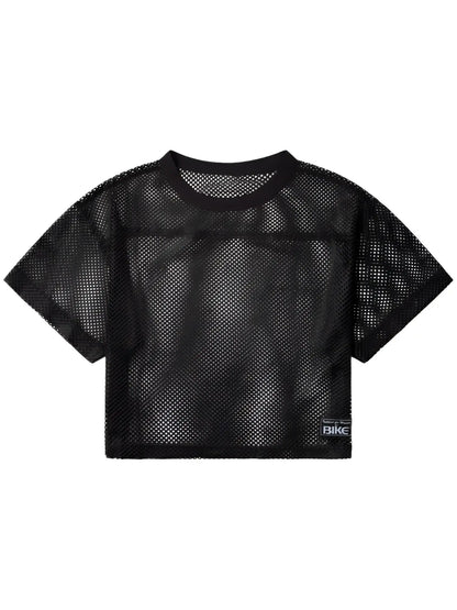 Black mesh crop top with a solid black ribbed neckline and short sleeves from the BIKE Athletic practice jersey line.