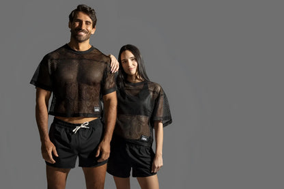 Black mesh crop top with short sleeves and round neckline bike athletic bam134 practice jersey in bold black