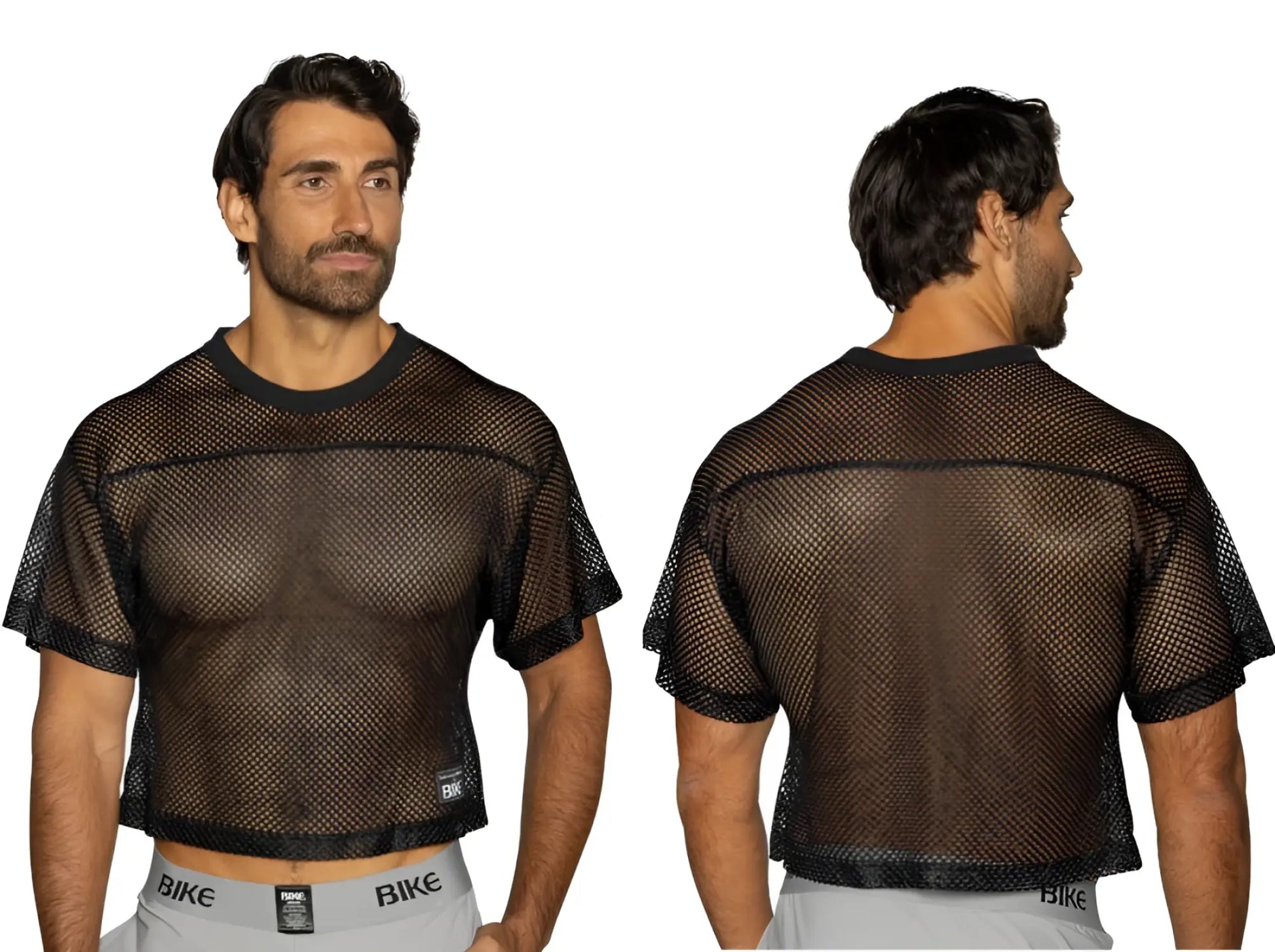 Black mesh crop top with solid black ribbed neckline and hem short sleeves bike athletic bam134 practice jersey