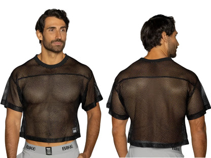 Black mesh crop top with solid black ribbed neckline and hem short sleeves bike athletic bam134 practice jersey
