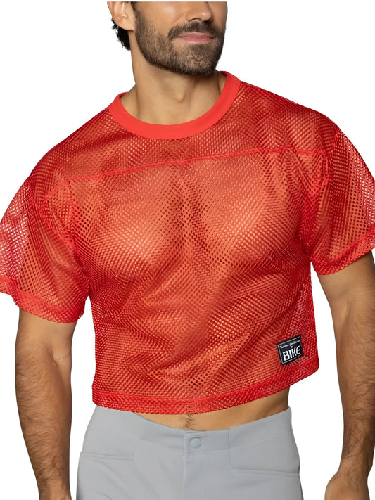 Red mesh crop top with solid ribbed neckline and hem featuring black bike brand patch in bright red color