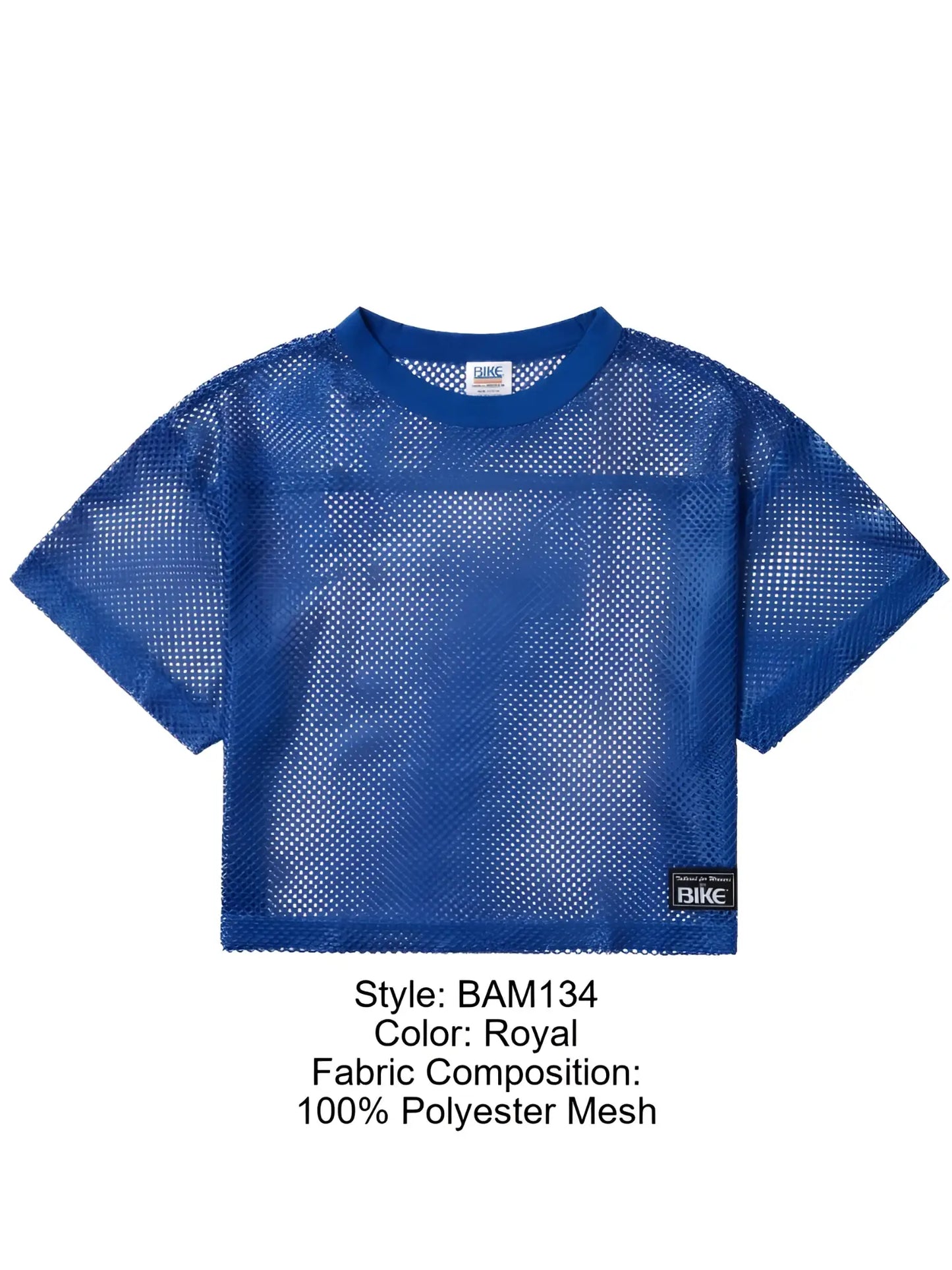 Royal blue cropped mesh short sleeve practice jersey made of 100 percent polyester for athletic use