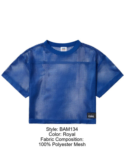 Royal blue cropped mesh short sleeve practice jersey made of 100 percent polyester for athletic use