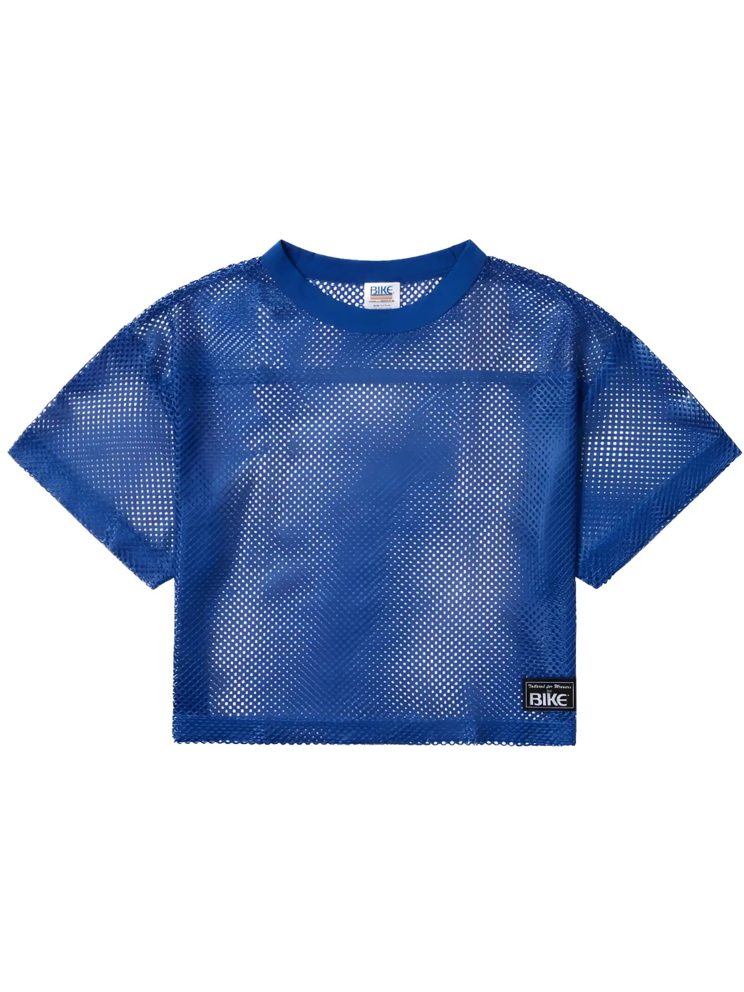 Blue mesh crop top with round neckline and short sleeves featuring black bike branding on collar tag and lower right side