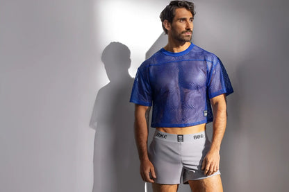 Blue mesh short sleeve crop top with round neckline from BIKE athletic BAM134 practice jersey in royal color