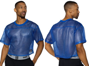 Bike Athletic BAM134 royal blue short sleeve practice jersey with blue mesh crop top and solid ribbed neckline and cuffs