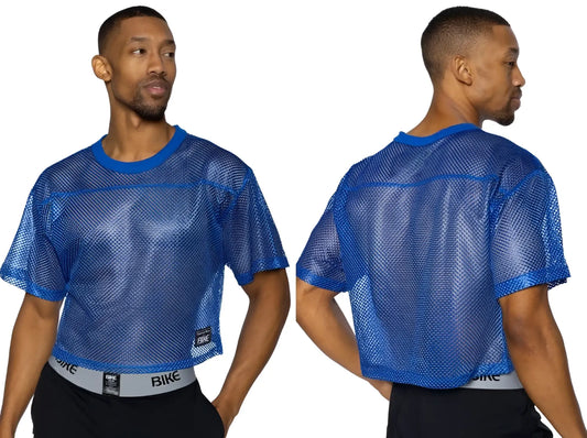 Bike Athletic BAM134 royal blue short sleeve practice jersey with blue mesh crop top and solid ribbed neckline and cuffs