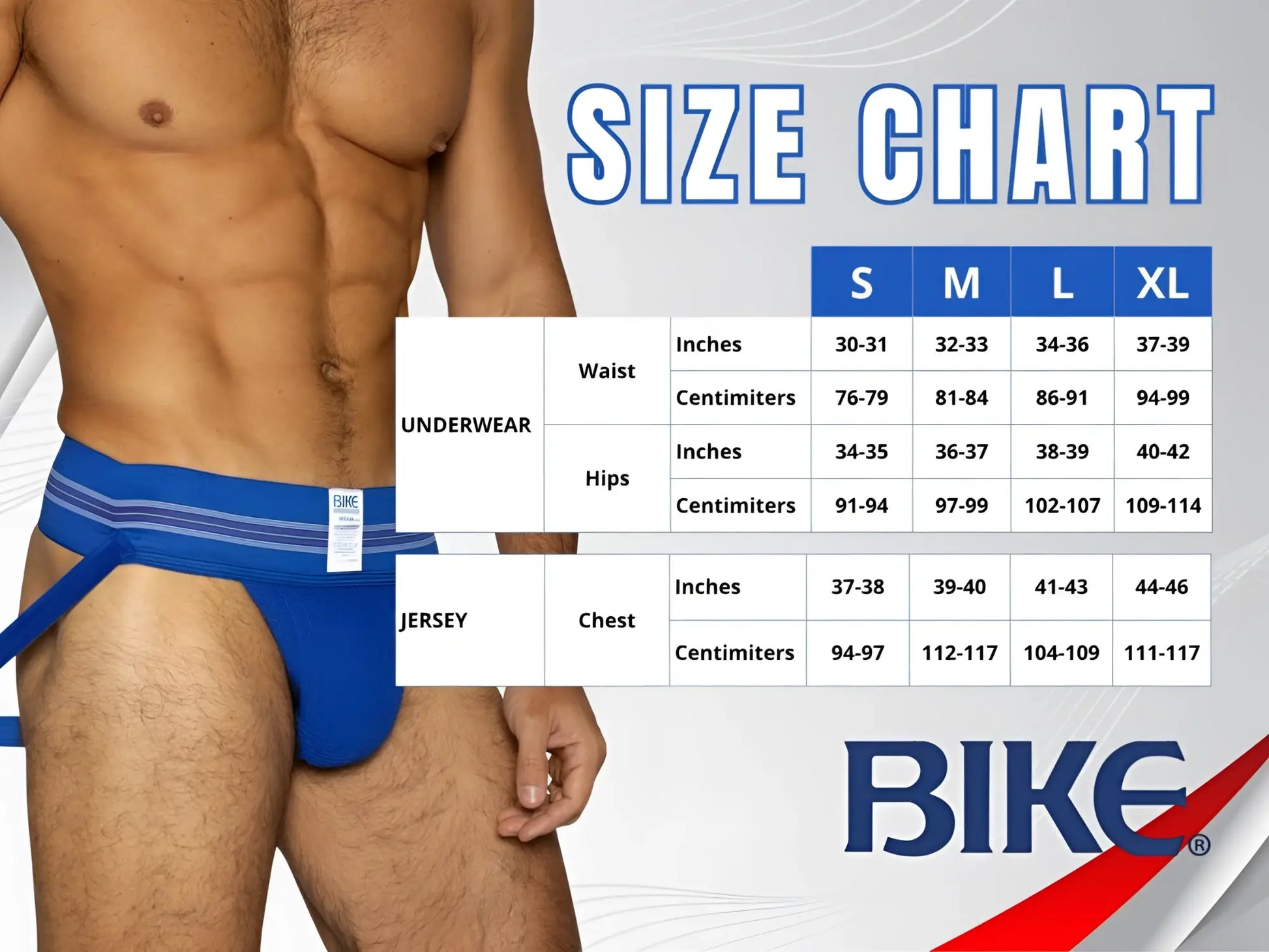 Blue athletic briefs with white striped trim and brand tag on waistband shown with bike athletic bam134 white practice jersey