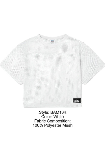 White cropped mesh v-neck short sleeve practice jersey made from 100 percent polyester by bike athletic