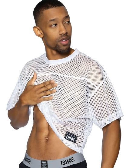 White mesh crop top with black bike logo patch on lower left in bike athletic bam134 short sleeve practice jersey
