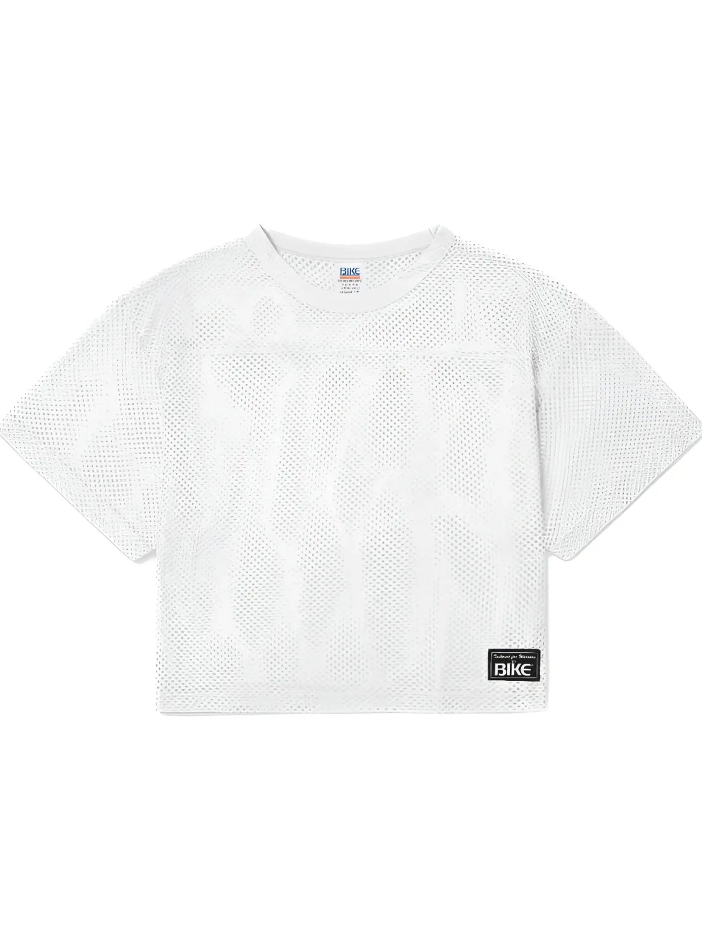 White mesh crop top with subtle geometric pattern and black bike label on lower right side for athletic practice