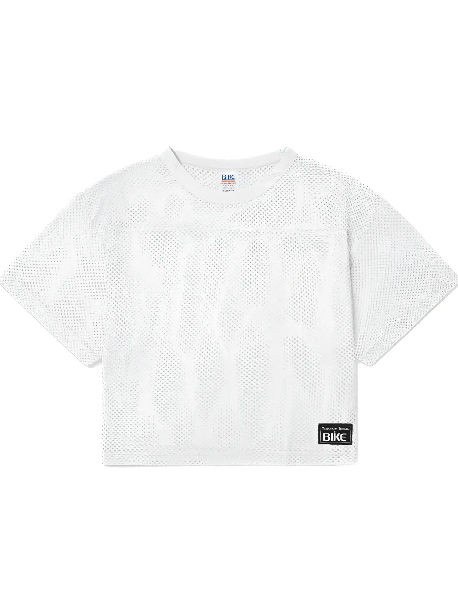 White mesh crop top with subtle geometric pattern and black bike label on lower right side for athletic practice