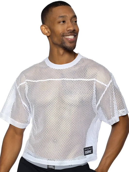White mesh short sleeve athletic top with ribbed crew neckline and small black bike logo patch on lower left side