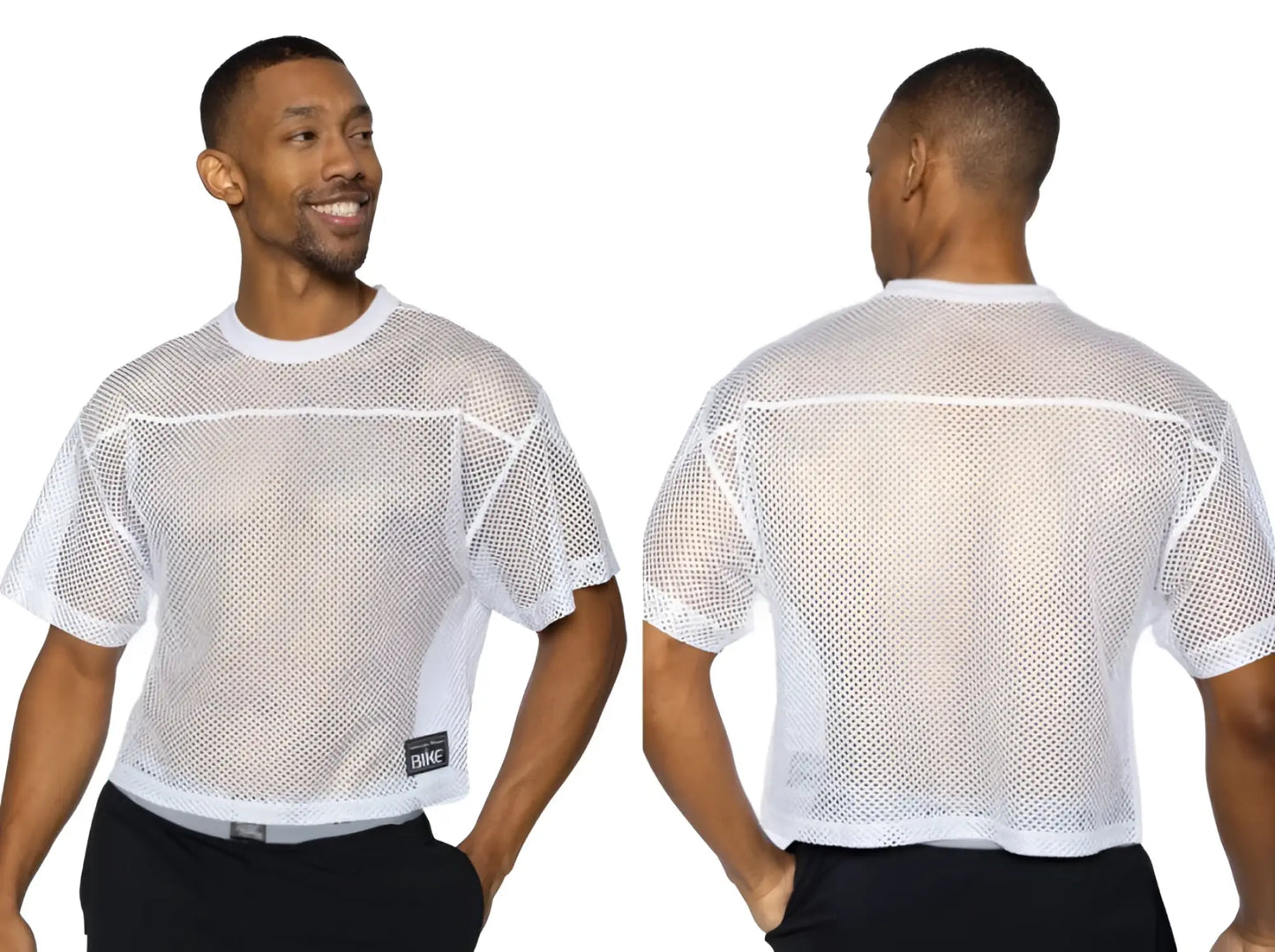White mesh bike athletic bam134 short sleeve practice jersey with reinforced seams and black brand tag on lower left side