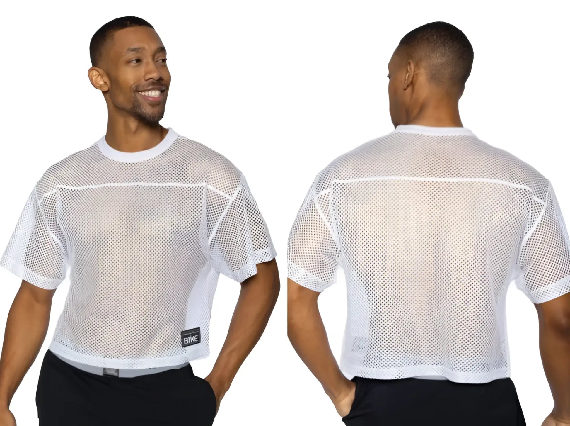 White mesh bike athletic bam134 short sleeve practice jersey with reinforced seams and black brand tag on lower left side