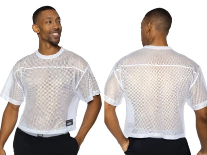 White mesh bike athletic bam134 short sleeve practice jersey with reinforced seams and black brand tag on lower left side