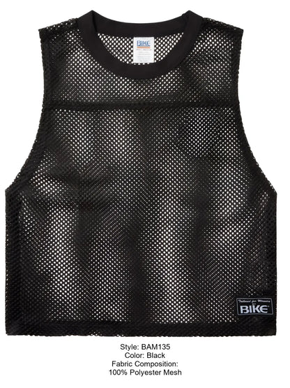 Black sleeveless mesh top made of 100 percent polyester with crew neck and bike labels for athletic use