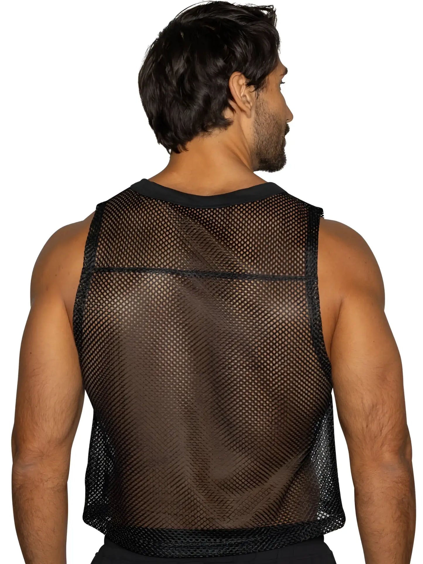 Black mesh tank top with solid black trim around neckline and hem from BIKE athletic BAM135 sleeveless mesh practice jersey