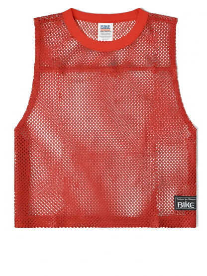 Red mesh sleeveless practice jersey with ribbed neckline and branded labels by BIKE Athletic in color red