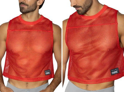 Red mesh sleeveless top with ribbed neckline and hem featuring bike brand patch for athletic practice use