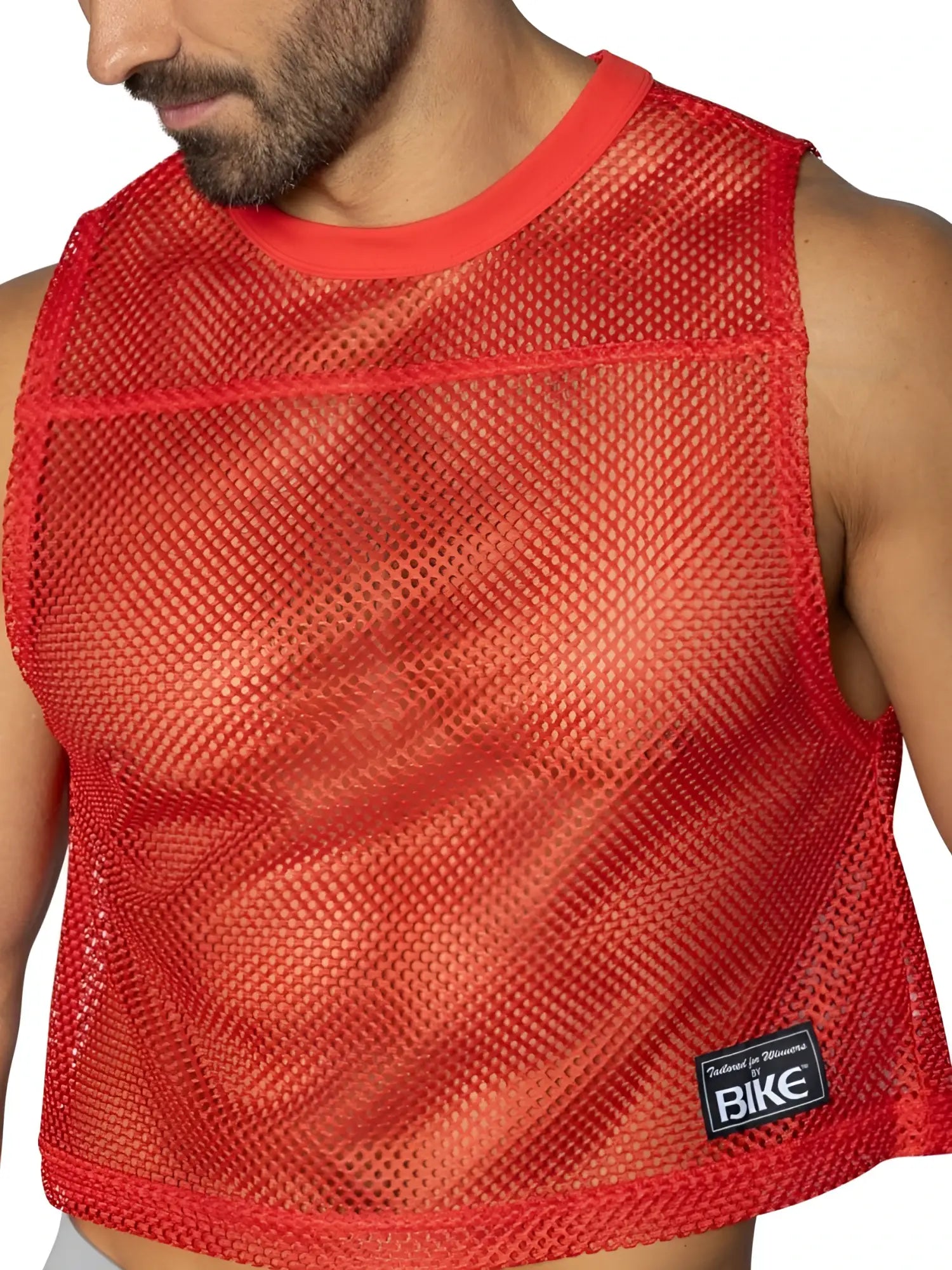 Red mesh sleeveless practice jersey with solid red ribbed neckline and hem by BIKE Athletic BAM135