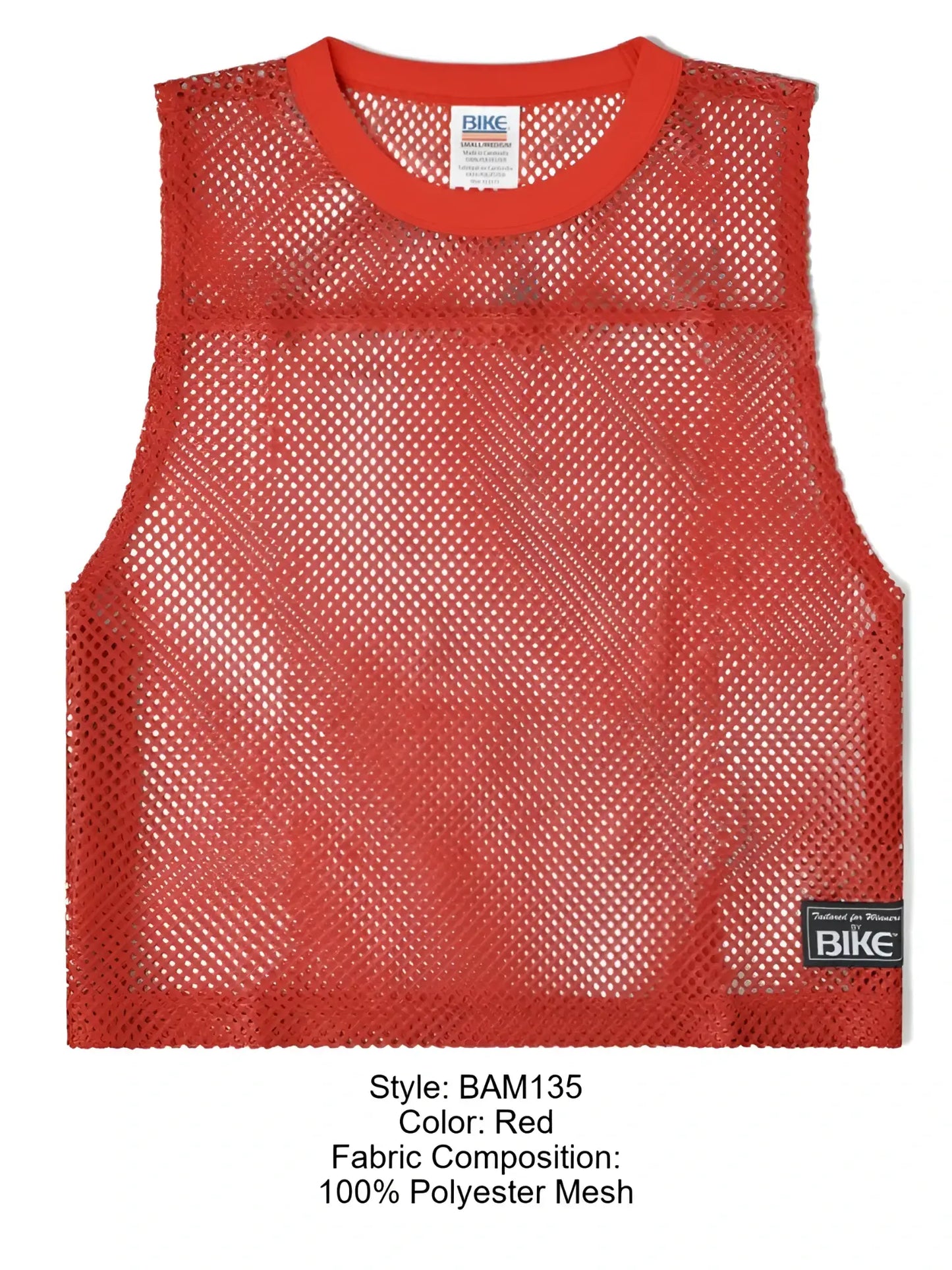 Bike athletic bam135 red sleeveless polyester mesh practice jersey with rounded neckline and black brand tag
