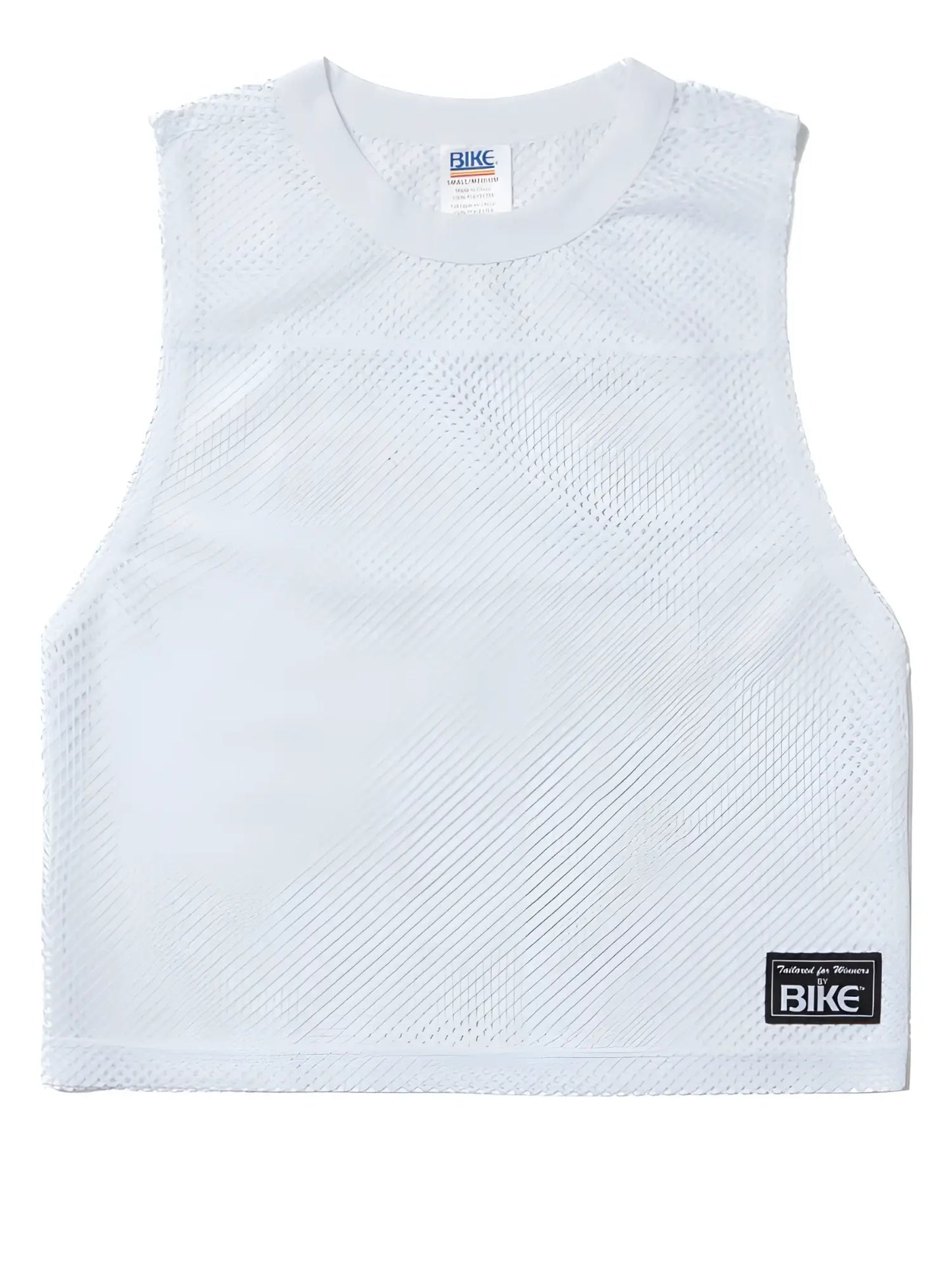 White mesh sleeveless athletic top with crew neck and black bike brand label lower right side for performance use