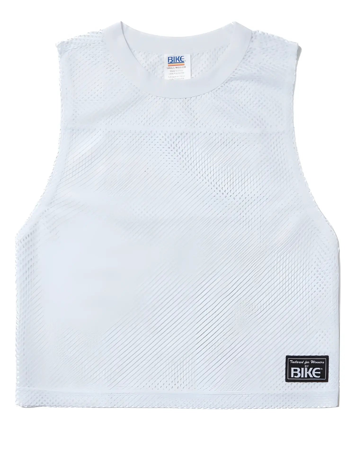 White mesh sleeveless athletic top with crew neck and black bike brand label lower right side for performance use