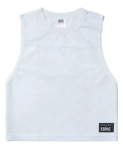 White mesh sleeveless athletic top with crew neck and black bike brand label lower right side for performance use