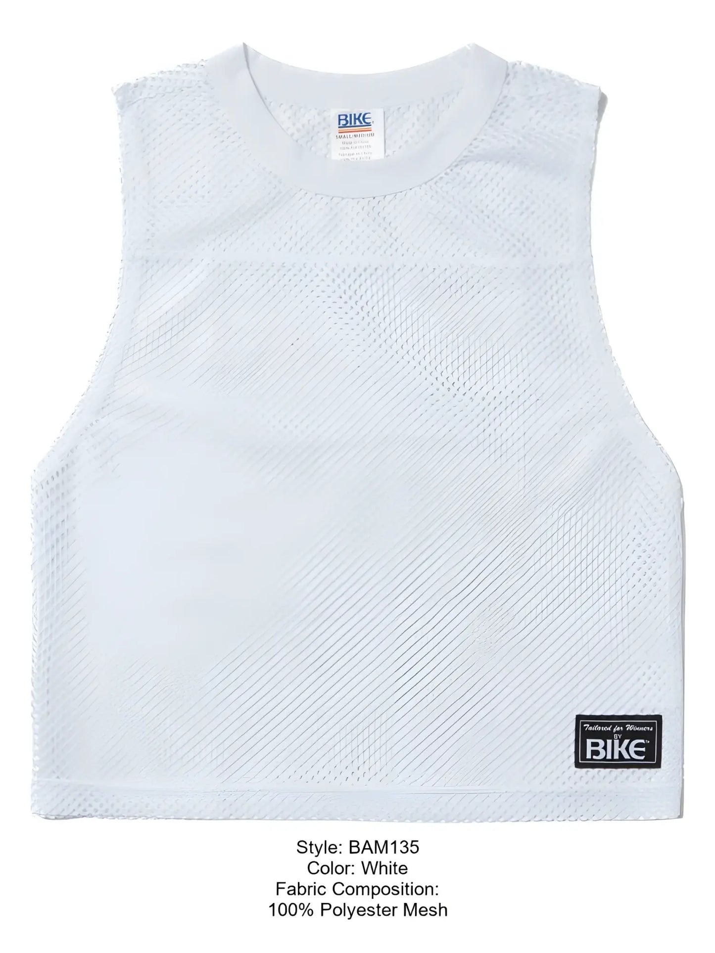 White sleeveless athletic mesh top by bike made of 100 percent polyester with crew neck for performance use
