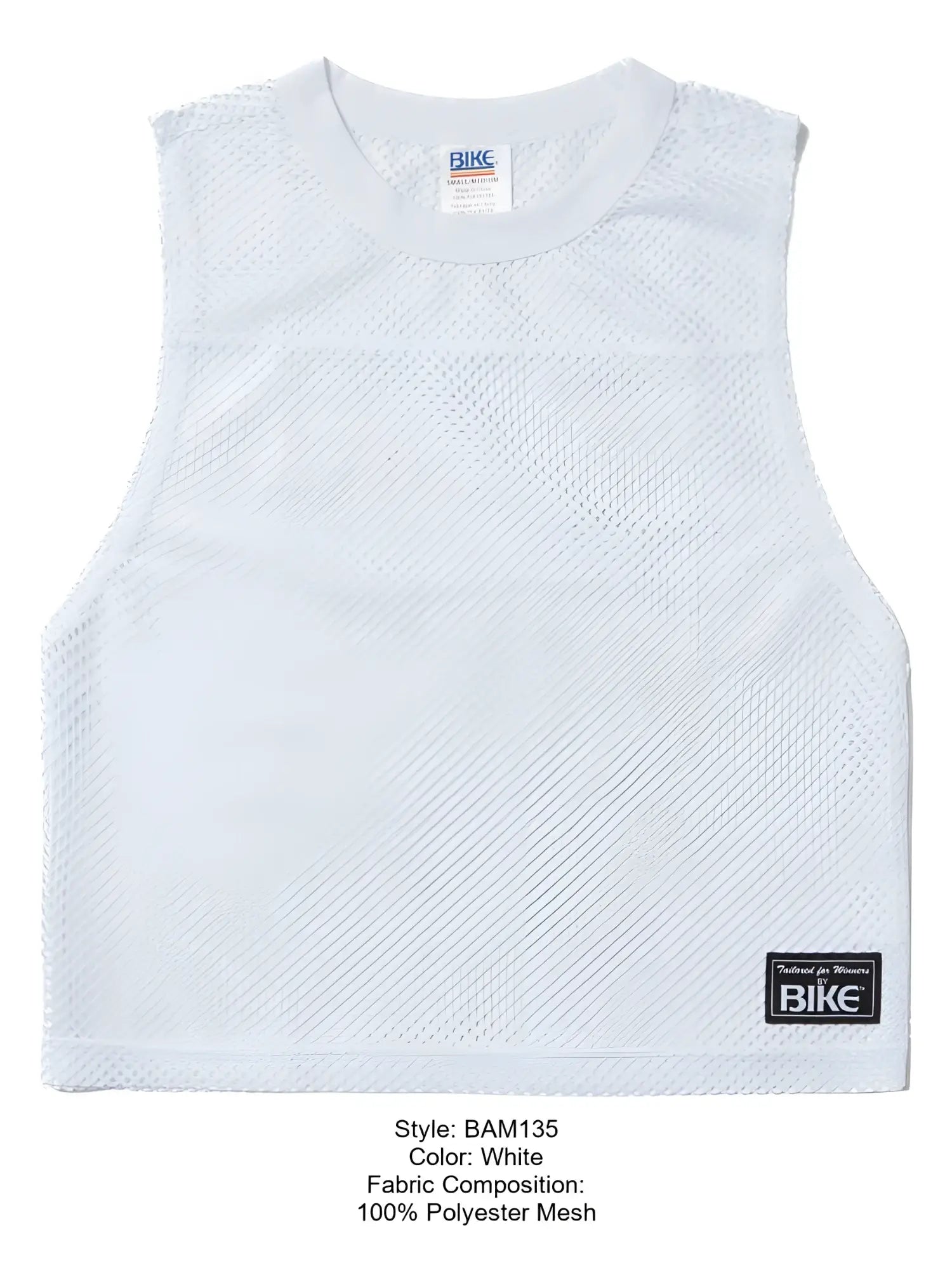 White sleeveless athletic mesh top by bike made of 100 percent polyester with crew neck for performance use
