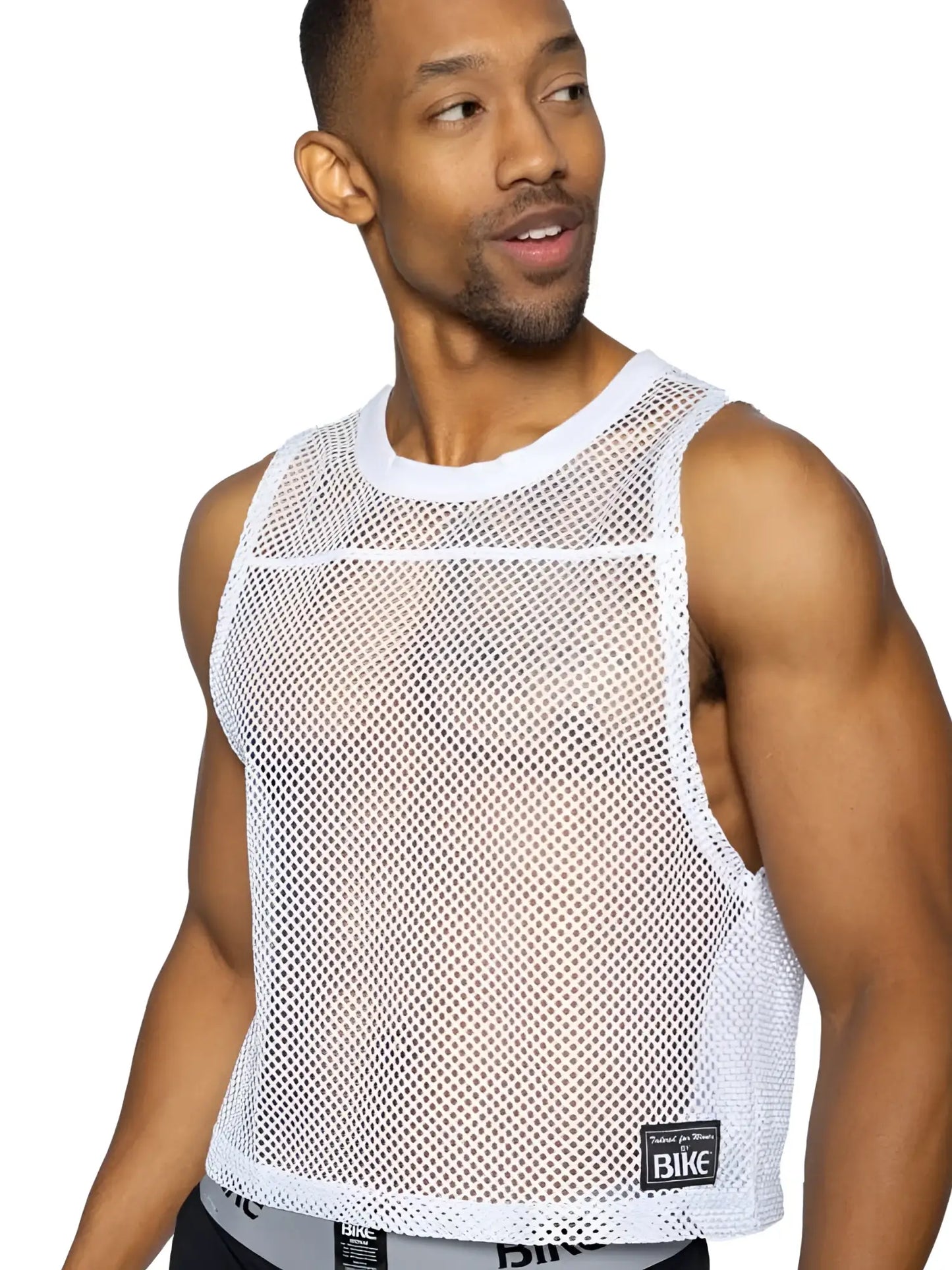 White mesh sleeveless tank top with round neckline cropped hem and black bike brand label for athletic use