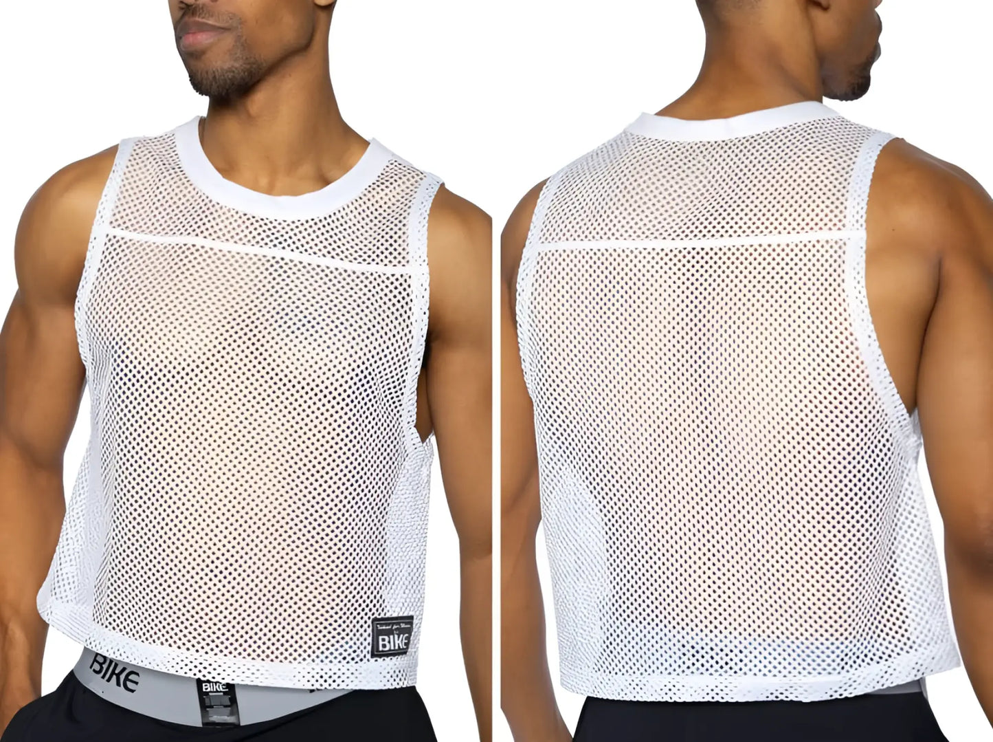 White mesh sleeveless bike athletic tank top with round neckline and hemmed edges for performance practice use