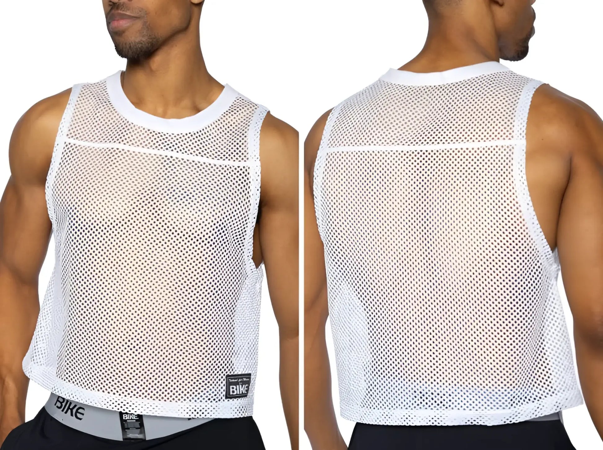 White mesh sleeveless bike athletic tank top with round neckline and hemmed edges for performance practice use