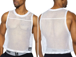 White mesh sleeveless bike athletic tank top with round neckline and hemmed edges for performance practice use