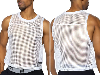 White mesh sleeveless bike athletic tank top with round neckline and hemmed edges for performance practice use