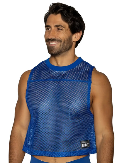 Blue mesh sleeveless practice jersey with ribbed neckline and hem and black label in vibrant royal blue royal