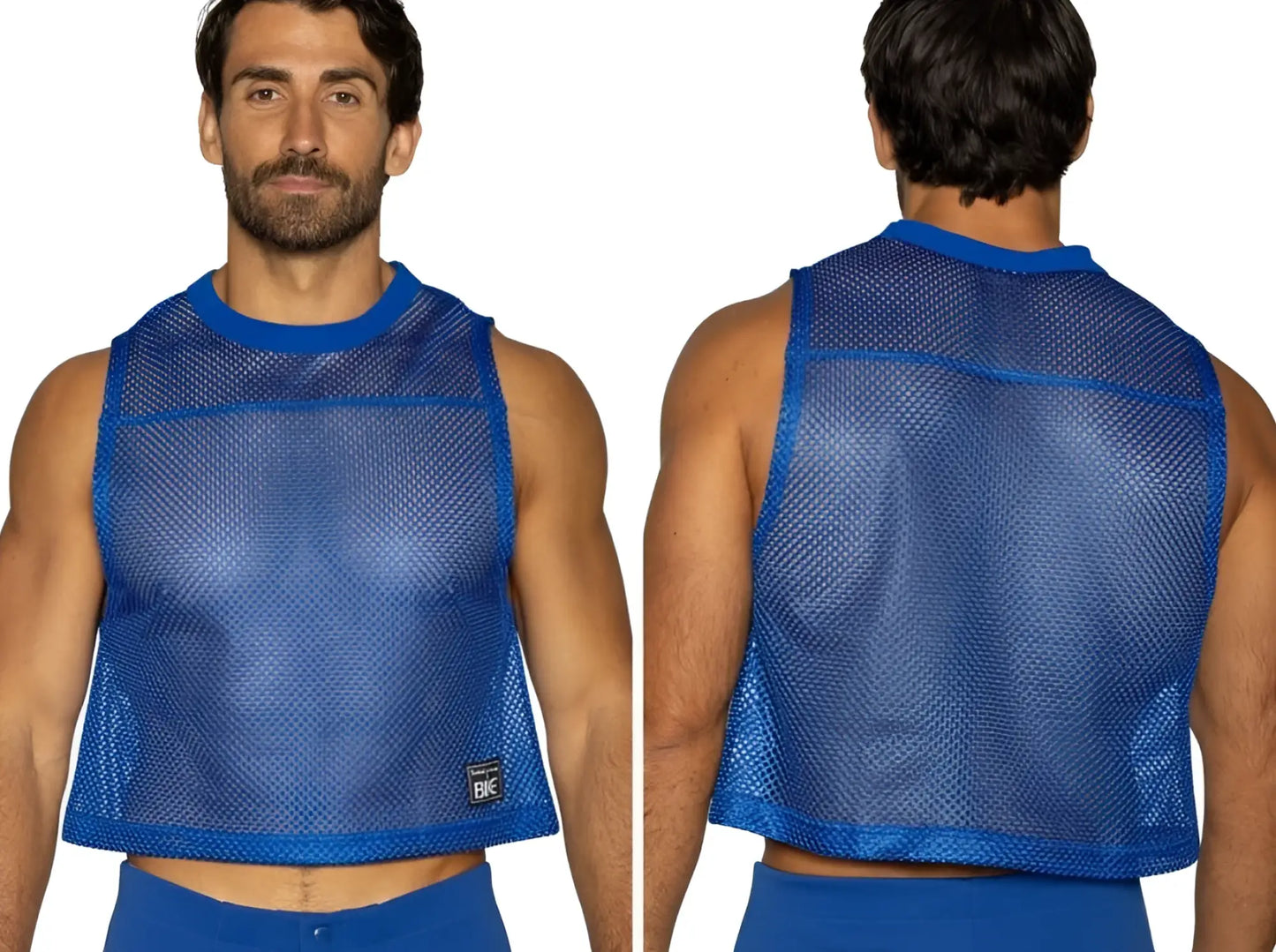 Bike athletic bam135 sleeveless practice jersey in vibrant royal blue with blue mesh crop top and ribbed neckline and hem