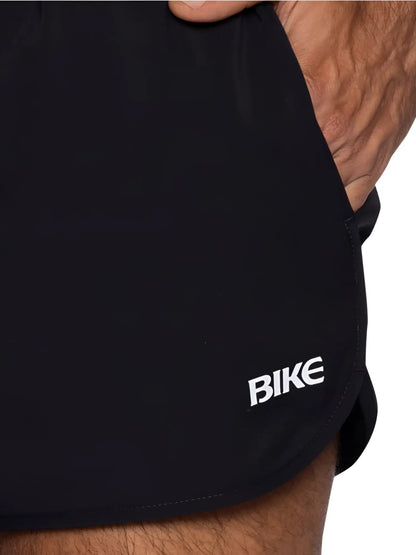Black bike athletic bam200 track shorts with white bike logo embroidered on lower side for running and training