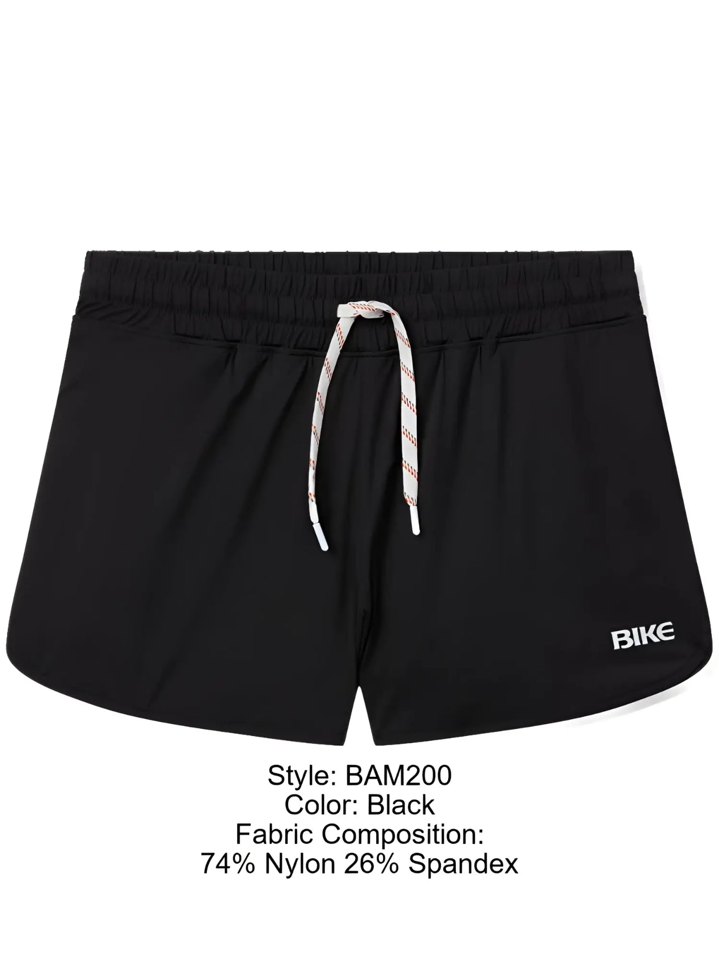 Black bike athletic bam200 track shorts with elastic waistband and white red striped drawstring featuring bike logo