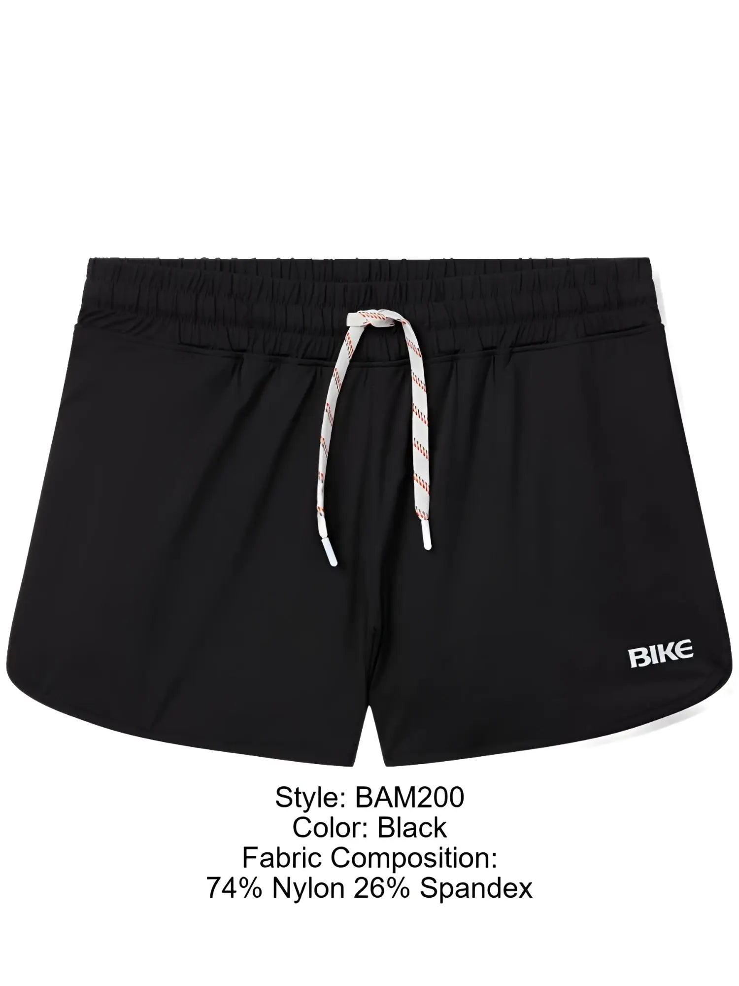 Black bike athletic bam200 track shorts with elastic waistband and white red striped drawstring featuring bike logo