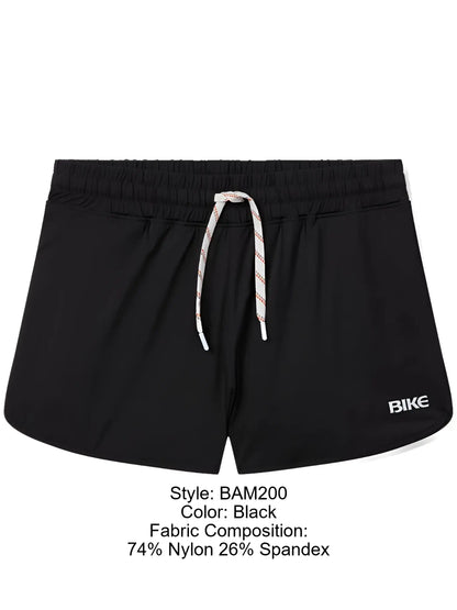 Black bike athletic bam200 track shorts with elastic waistband and white red striped drawstring featuring bike logo