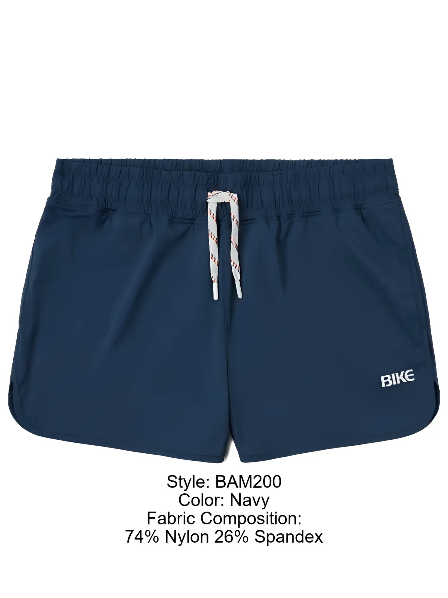 Navy blue bike athletic bam200 track shorts with drawstring waistband and white side logo for activewear