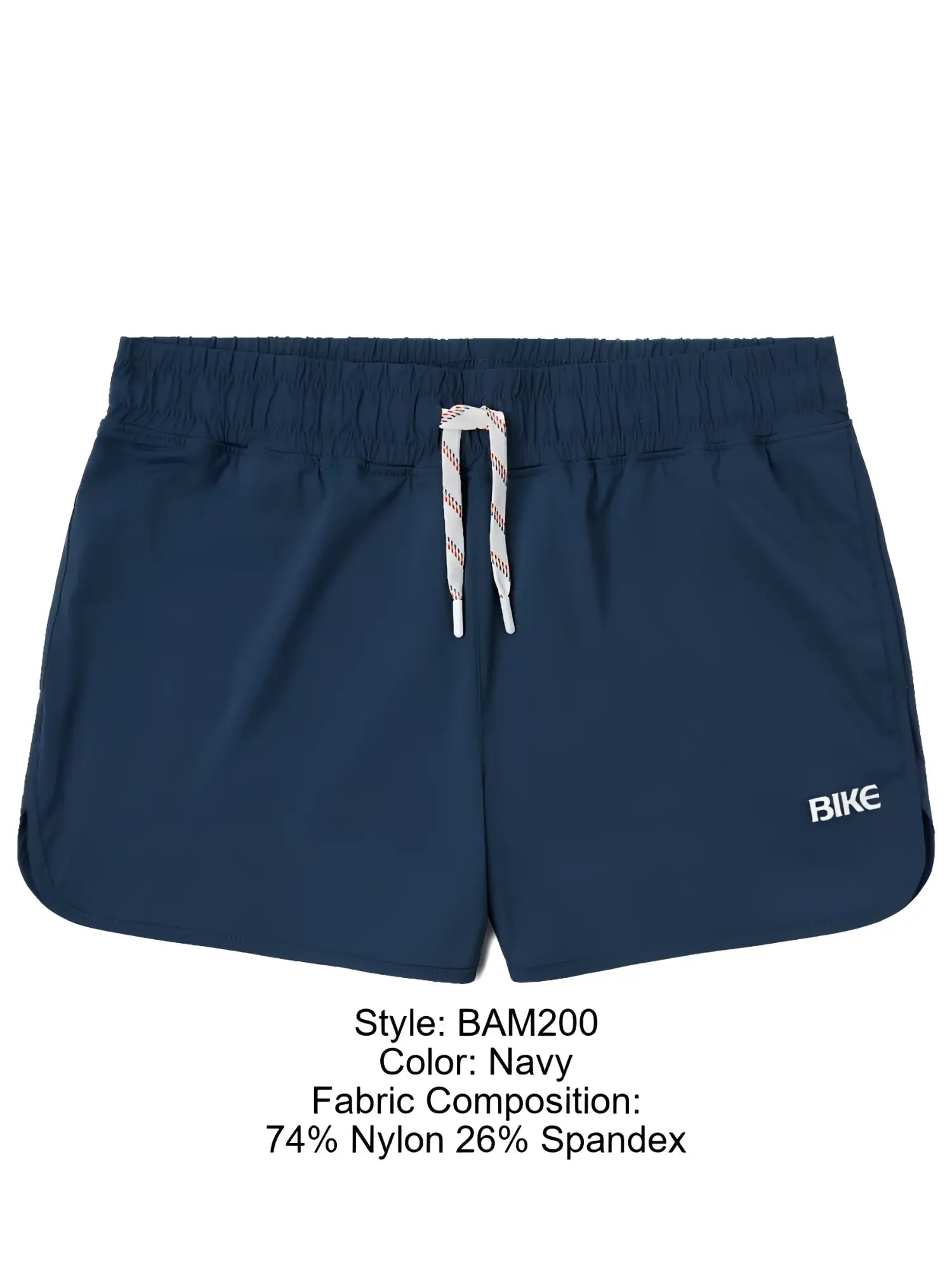 Navy blue bike athletic bam200 track shorts with drawstring waistband and white side logo for activewear