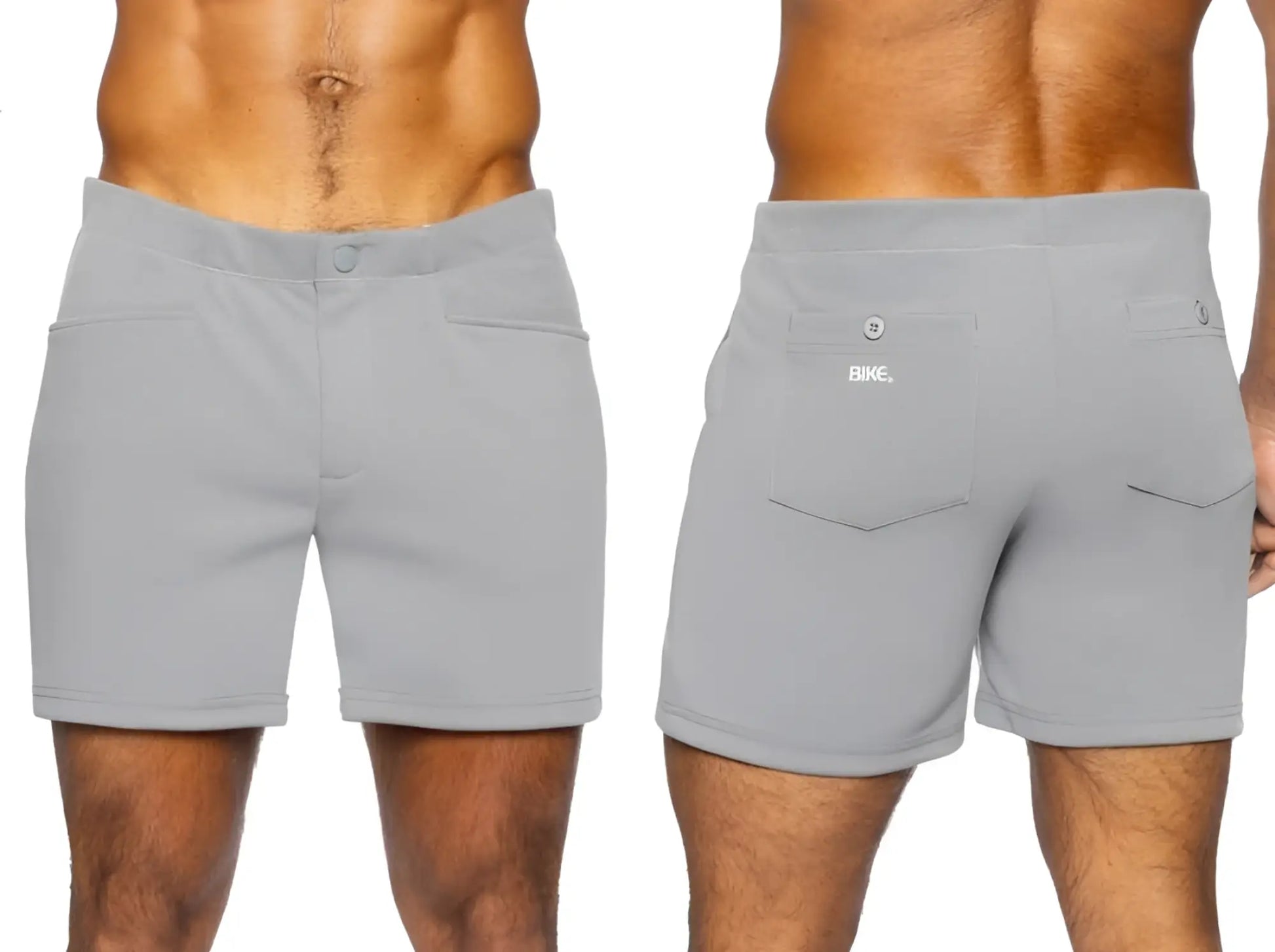 Back side of gray bike athletic bam207 coaches shorts with sleek design and subtle branding on back pocket