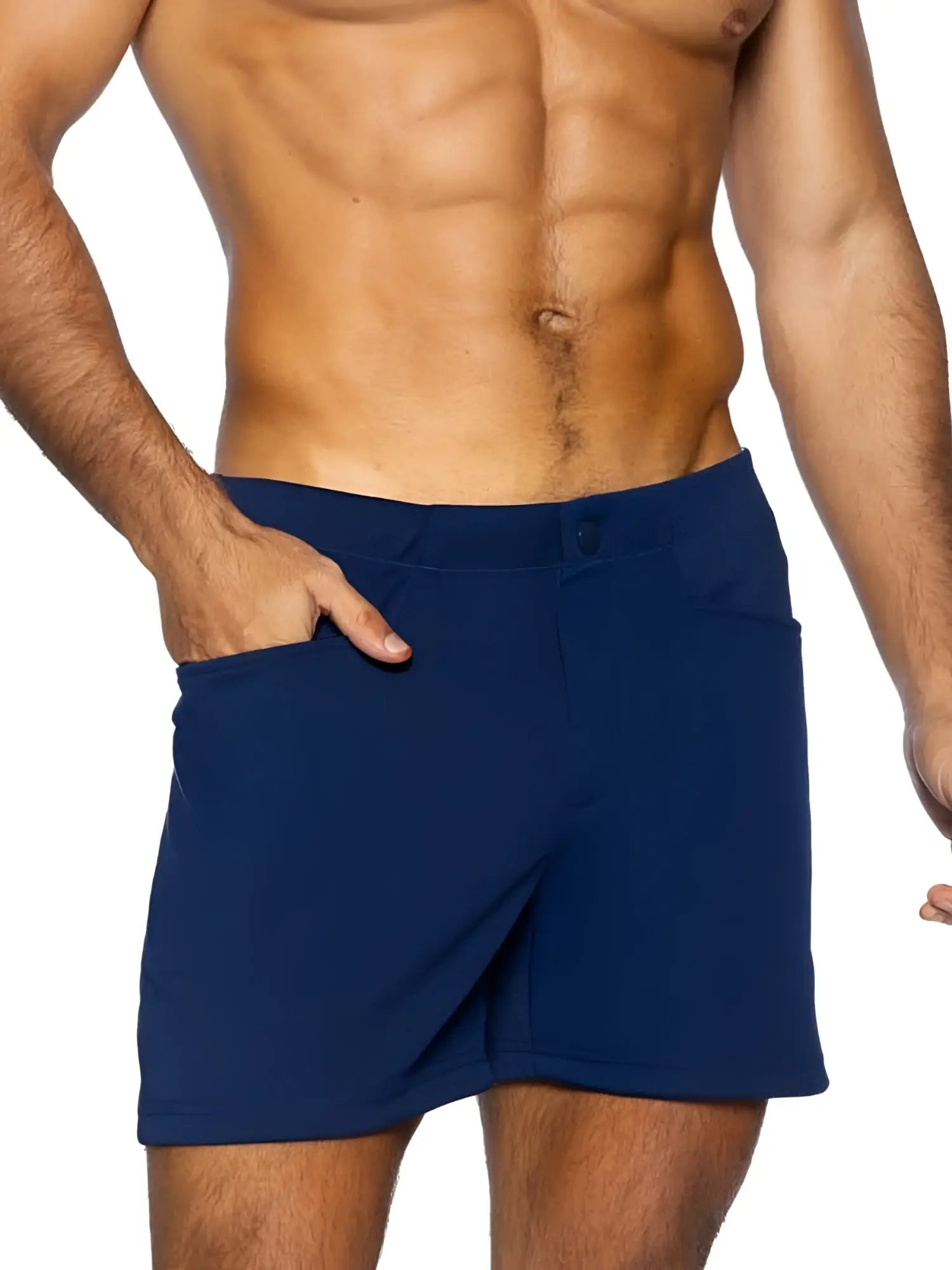 Navy blue BIKE athletic BAM207 coaches shorts with fitted waistband side pockets and 5 inch inseam for running