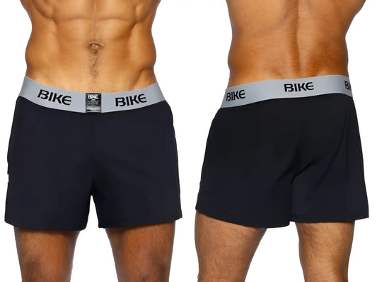 Black men’s boxer shorts with gray waistband featuring bike logo in black lettering from BIKE Athletic BAM216 jock short