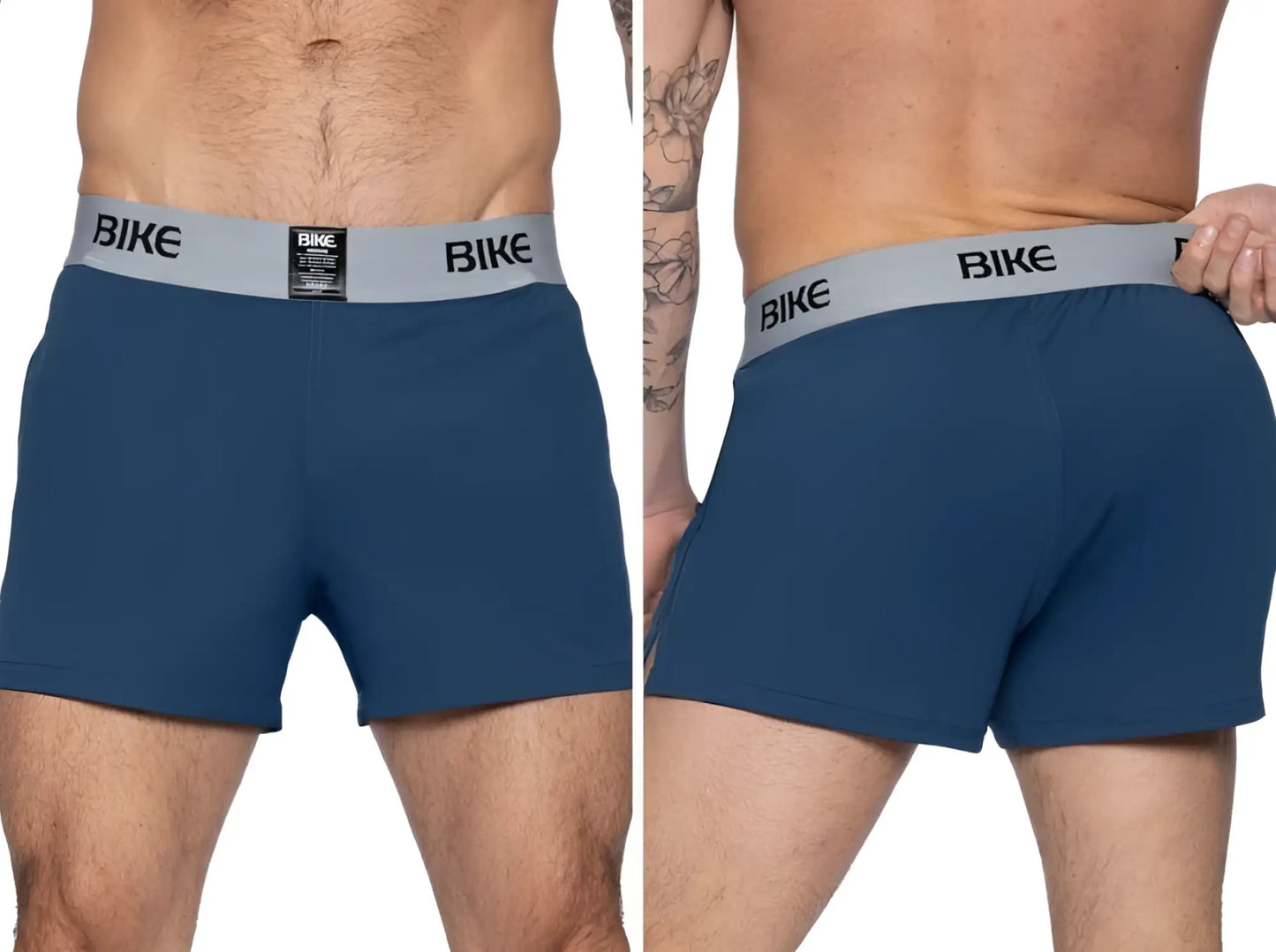 Navy blue bike athletic BAM216 performance jock short with gray elastic waistband and black bike lettering