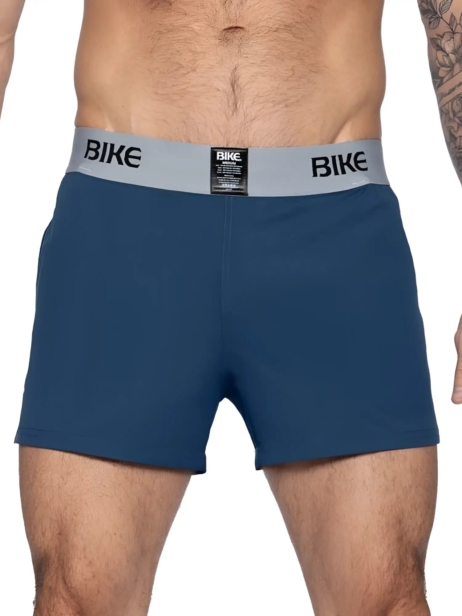 Blue bike athletic bam216 performance jock short boxer briefs with gray waistband and black bike logo in navy